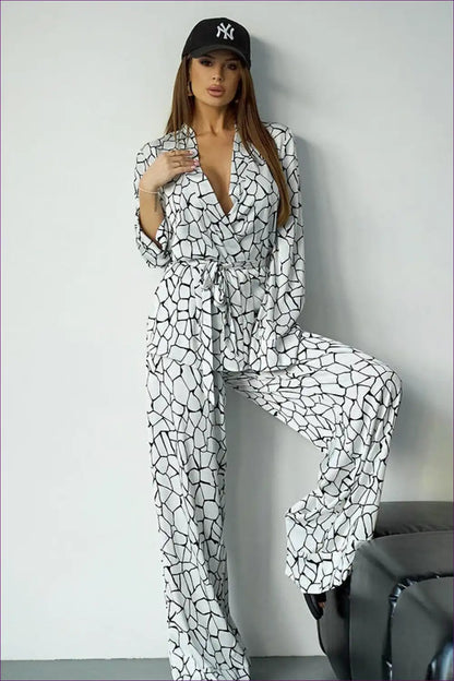 Geometric Print Wide-leg Jumpsuit - Effortless Street Style for Autumn, Casual, Everyday, Jumpsuit, Loungewear