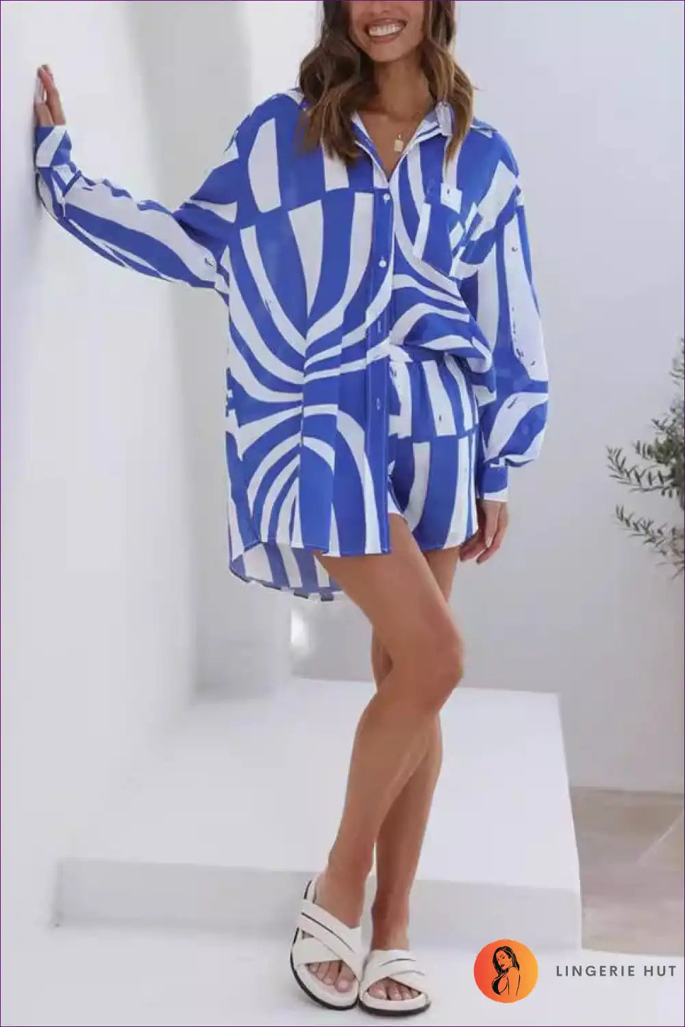 Geometric Stripe Two-piece Shirt and Shorts Set - Casual for All Season, Beachwear, Casual, co Ord, Cotton