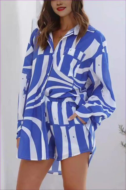 Geometric Stripe Two-piece Shirt and Shorts Set - Casual for All Season, Beachwear, Casual, co Ord, Cotton