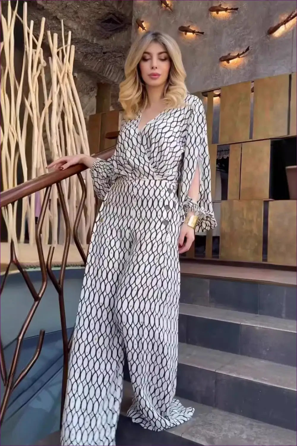 Geometric Print Jumpsuit - Effortless Modernity - Casual • Clothing • Cutout • Date Night • Everyday - Lingerie Hut