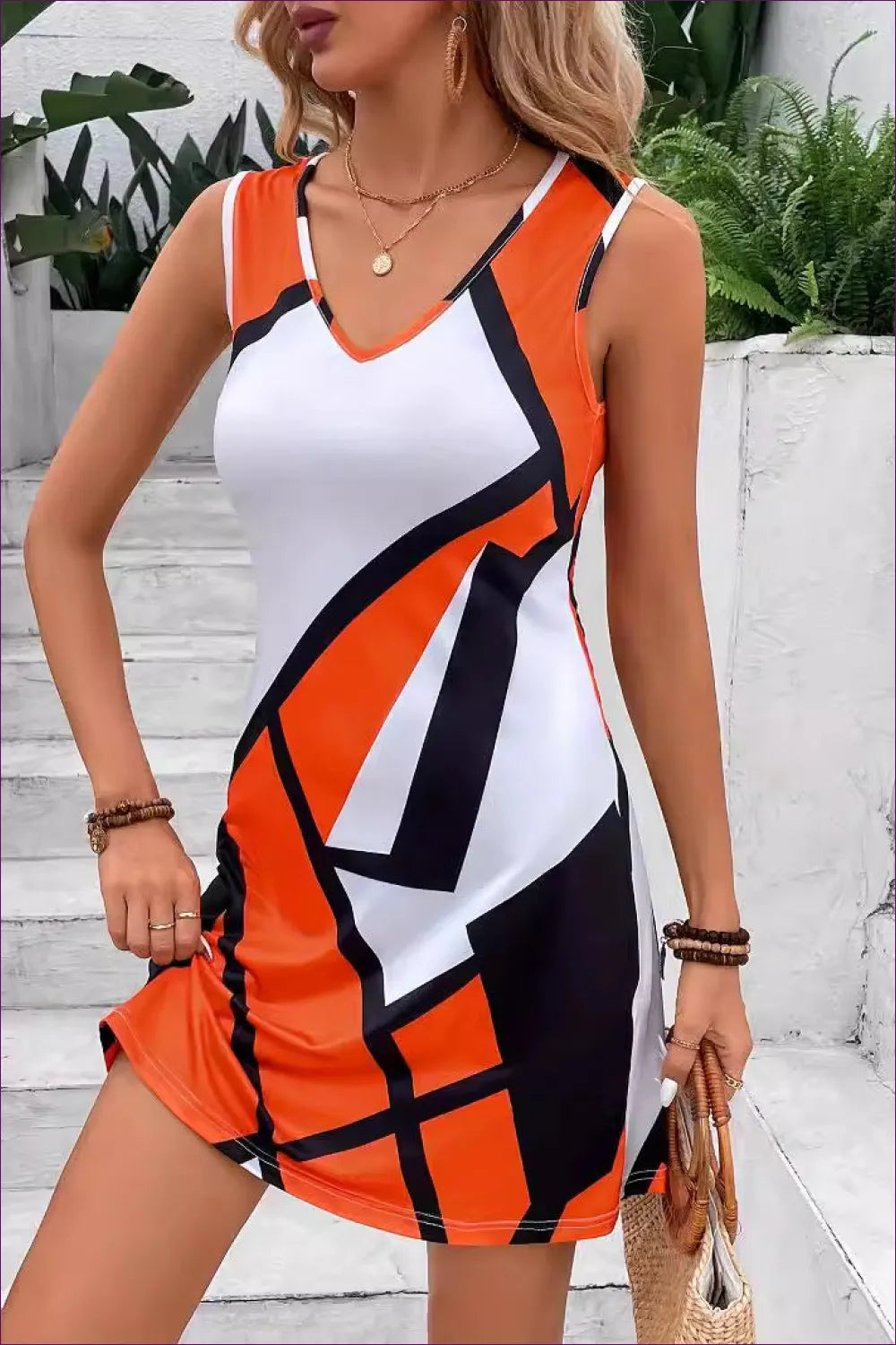 Geometric V-neck Summer Dress - Vibrant And Chic