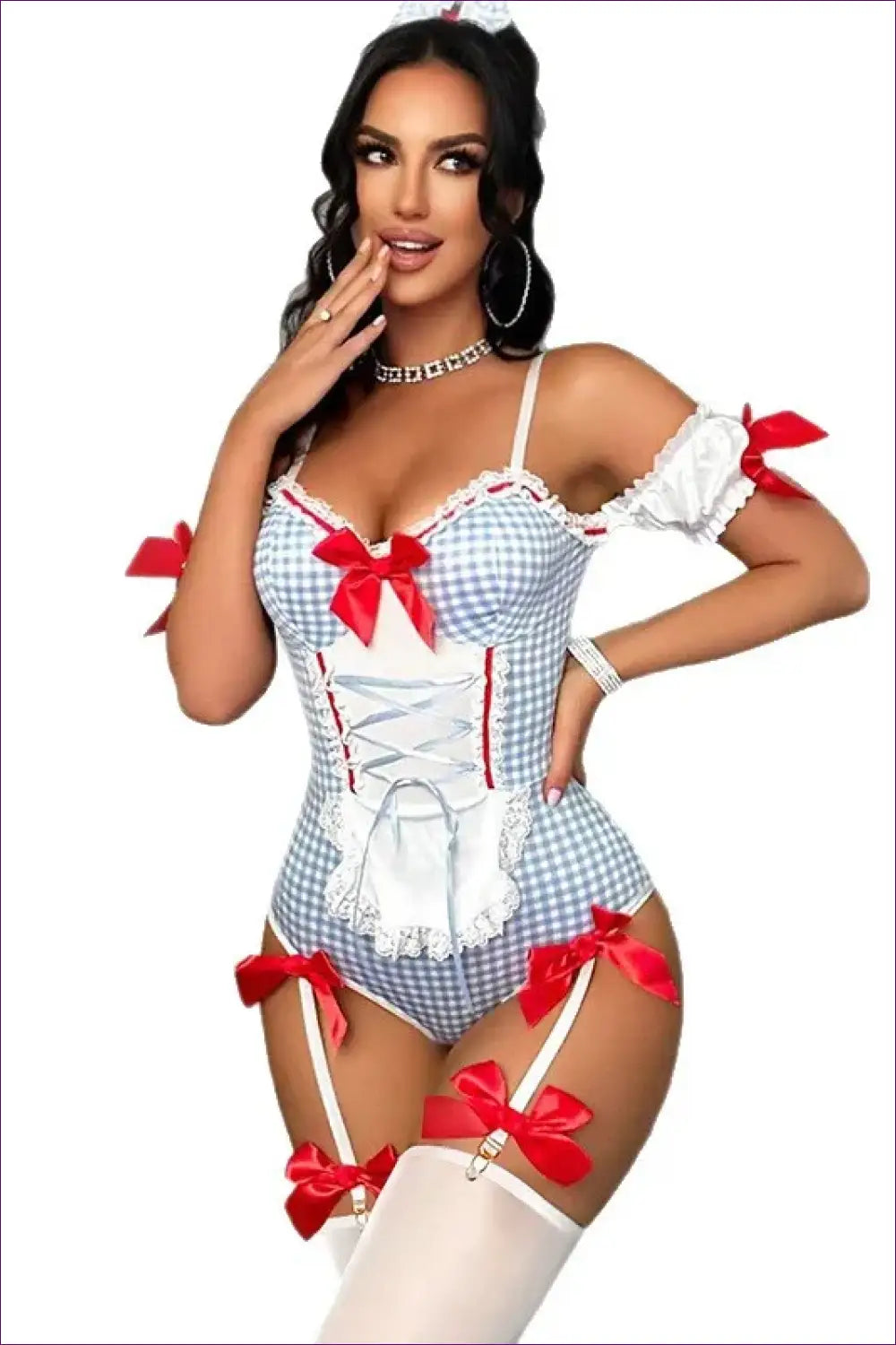 Gingham Corset Bodysuit Set with Lace-up Front - Countryside Maid - Lingerie - just in • Hut