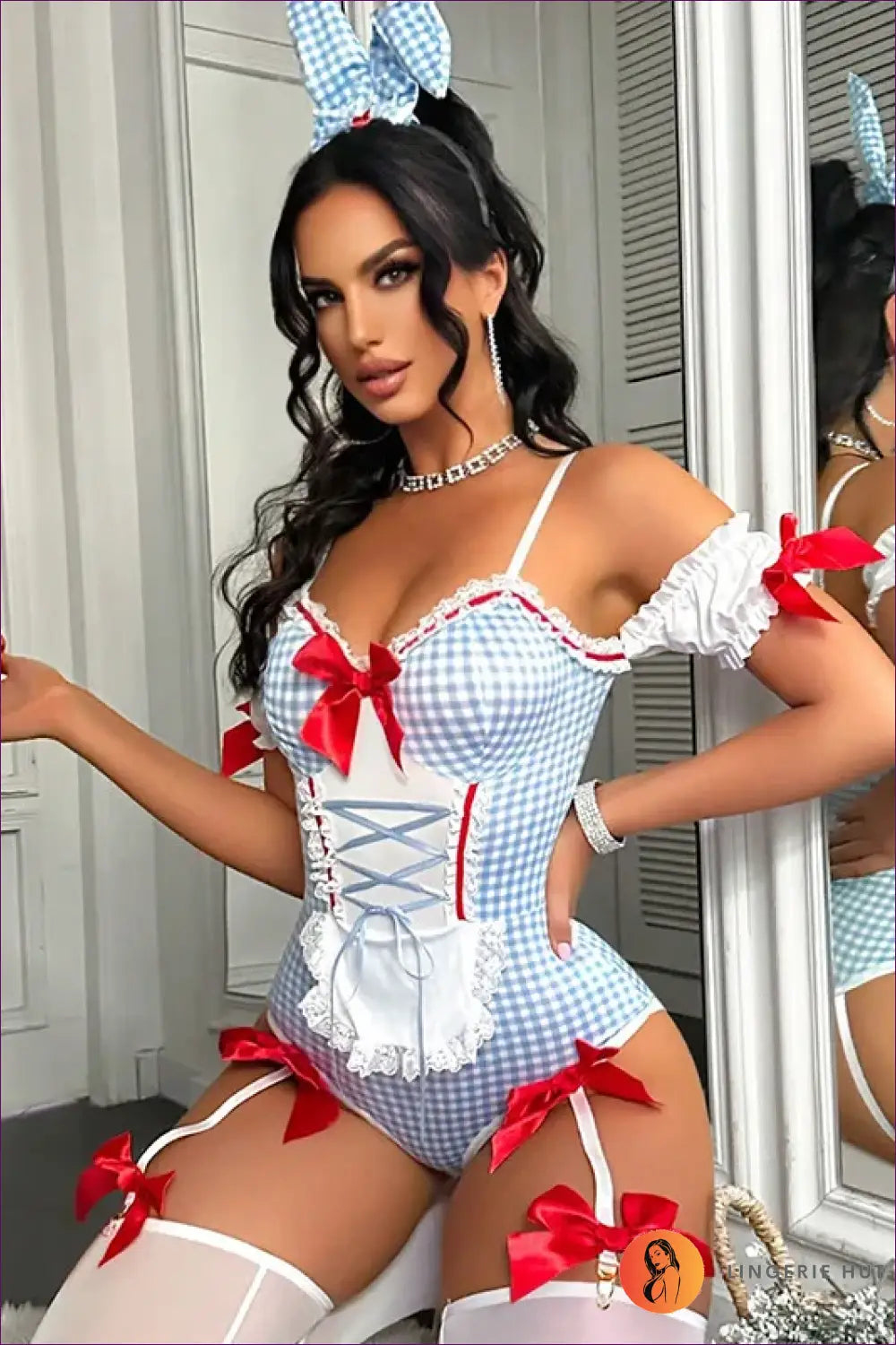 Gingham Corset Bodysuit Set with Lace-up Front - Countryside Maid - Lingerie - just in • Hut