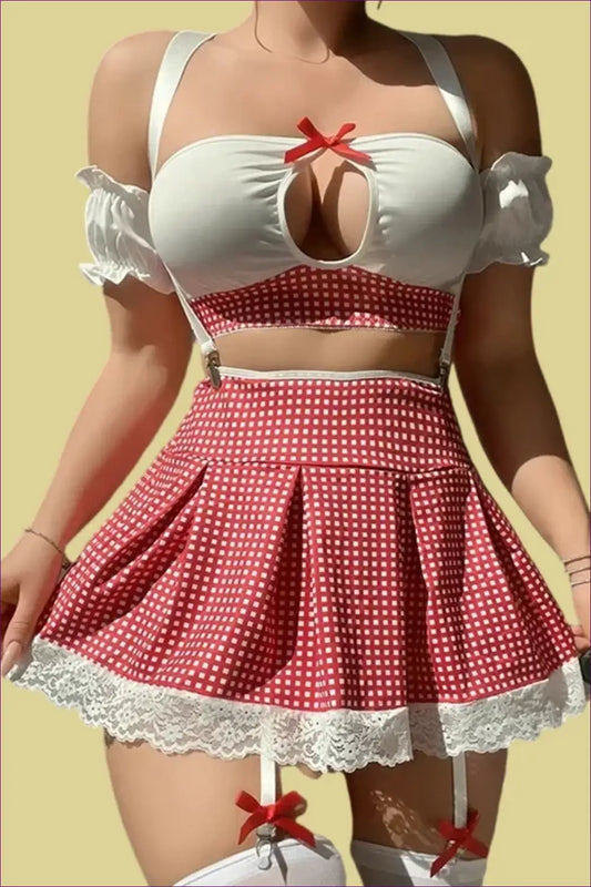 Gingham Dirndl Costume Set with Keyhole Top - Festival Play - All Season • Crop • Garter • Halloween - Lingerie Hut