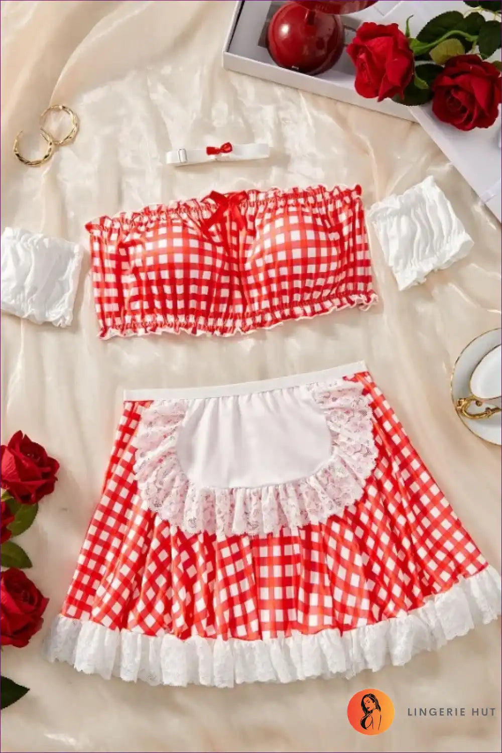 Gingham Maid Costume with Lace Trim - Sweet Temptation for Boudoir, Choker, Costume, just In, Lace