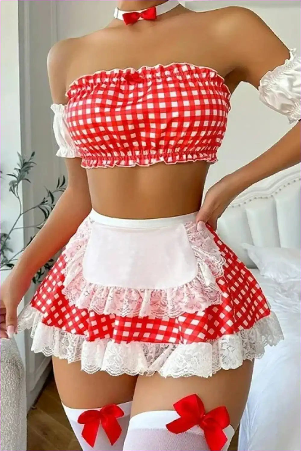 Gingham Maid Costume with Lace Trim - Sweet Temptation for Boudoir, Choker, Costume, just In, Lace