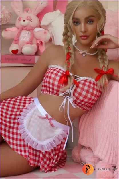 Gingham Maid Costume Set with Apron and Lace-up Top - Sweet Escape for Boudoir, Costume, Everyday, just In,