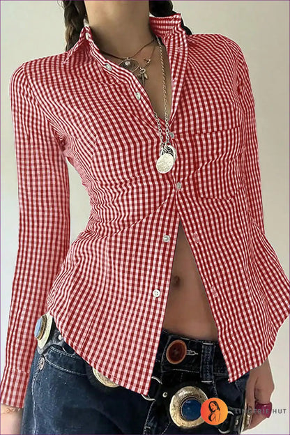 Gingham Shirt with Classic Collar - Timeless Appeal for All Season, Autumn, Blouse, Casual, Cotton