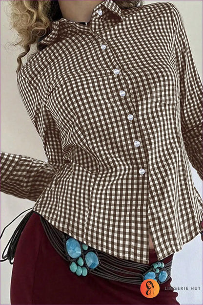 Gingham Shirt with Classic Collar - Timeless Appeal for All Season, Autumn, Blouse, Casual, Cotton