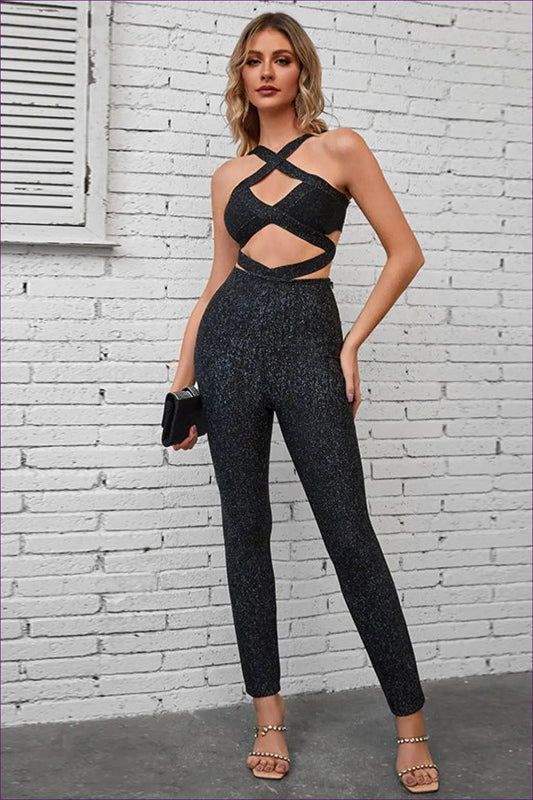 Shine In Our Glittering Cross Halter Jumpsuit, Designed For a Slim Fit. Embrace The Summer Glam And Be Center