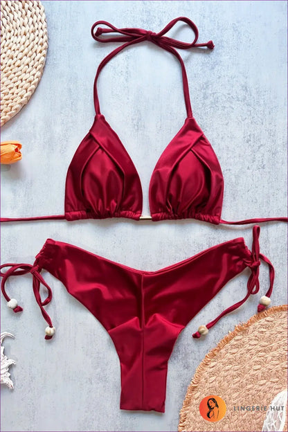 Glossy Bikini with Tasselled Wood Bead Ties - Sundrenched Shine - s / Wine Red - Swimwear - Beachwear • just in • Sexy