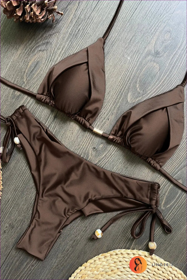 Glossy Bikini with Tasselled Wood Bead Ties - Sundrenched Shine