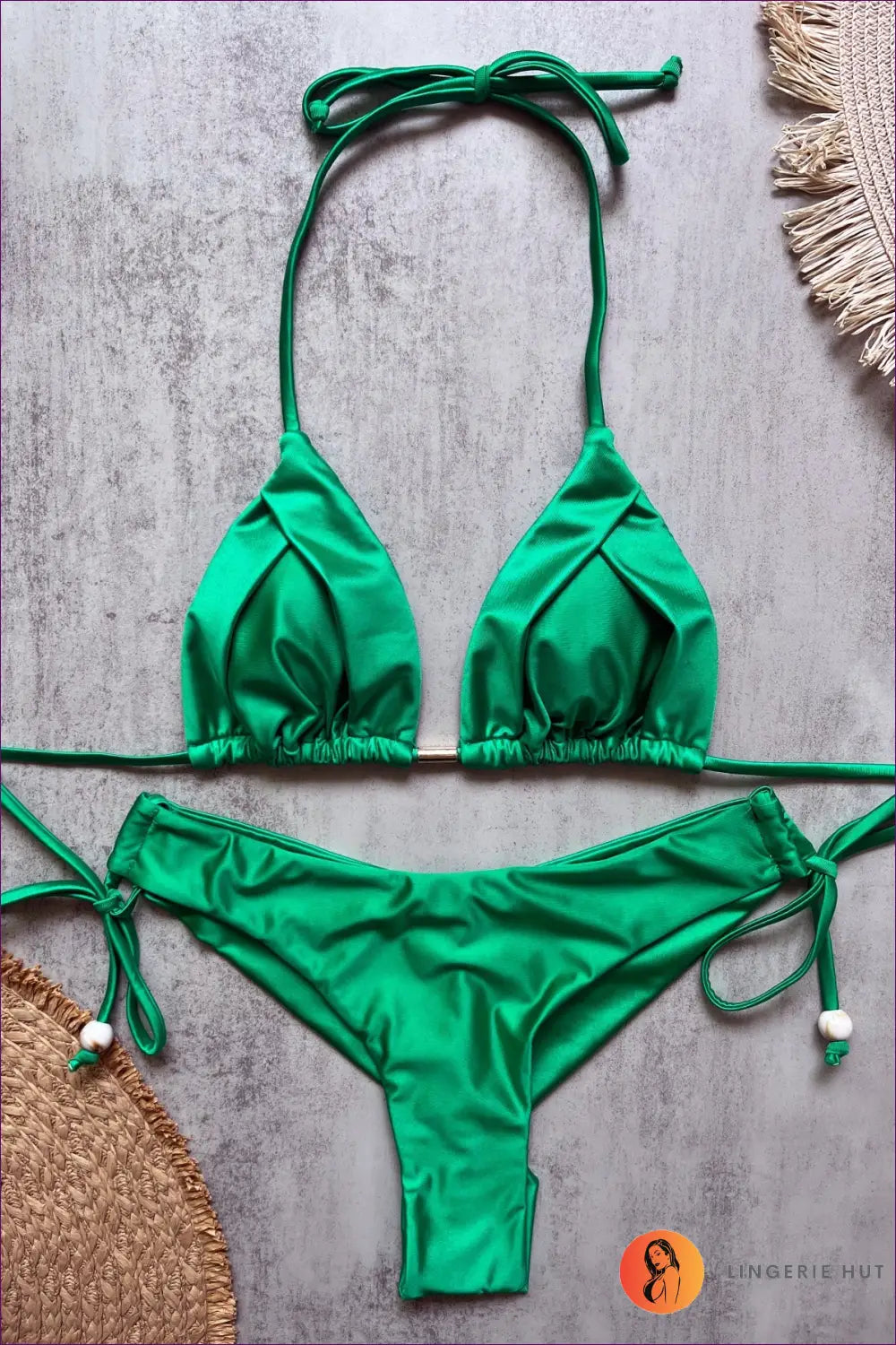 Glossy Bikini with Tasselled Wood Bead Ties - Sundrenched Shine - s / Grass Green - Swimwear - Beachwear