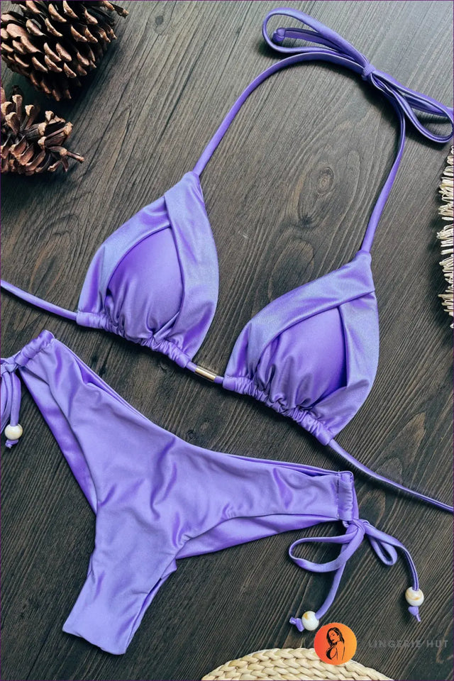 Glossy Bikini with Tasselled Wood Bead Ties - Sundrenched Shine