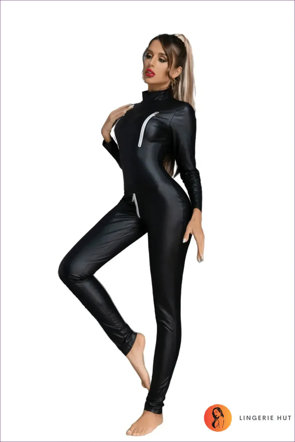 Glossy Catsuit with Contrast Zip Details - Bold Full Coverage - Clubwear • just in • Latex • Leather - Lingerie Hut