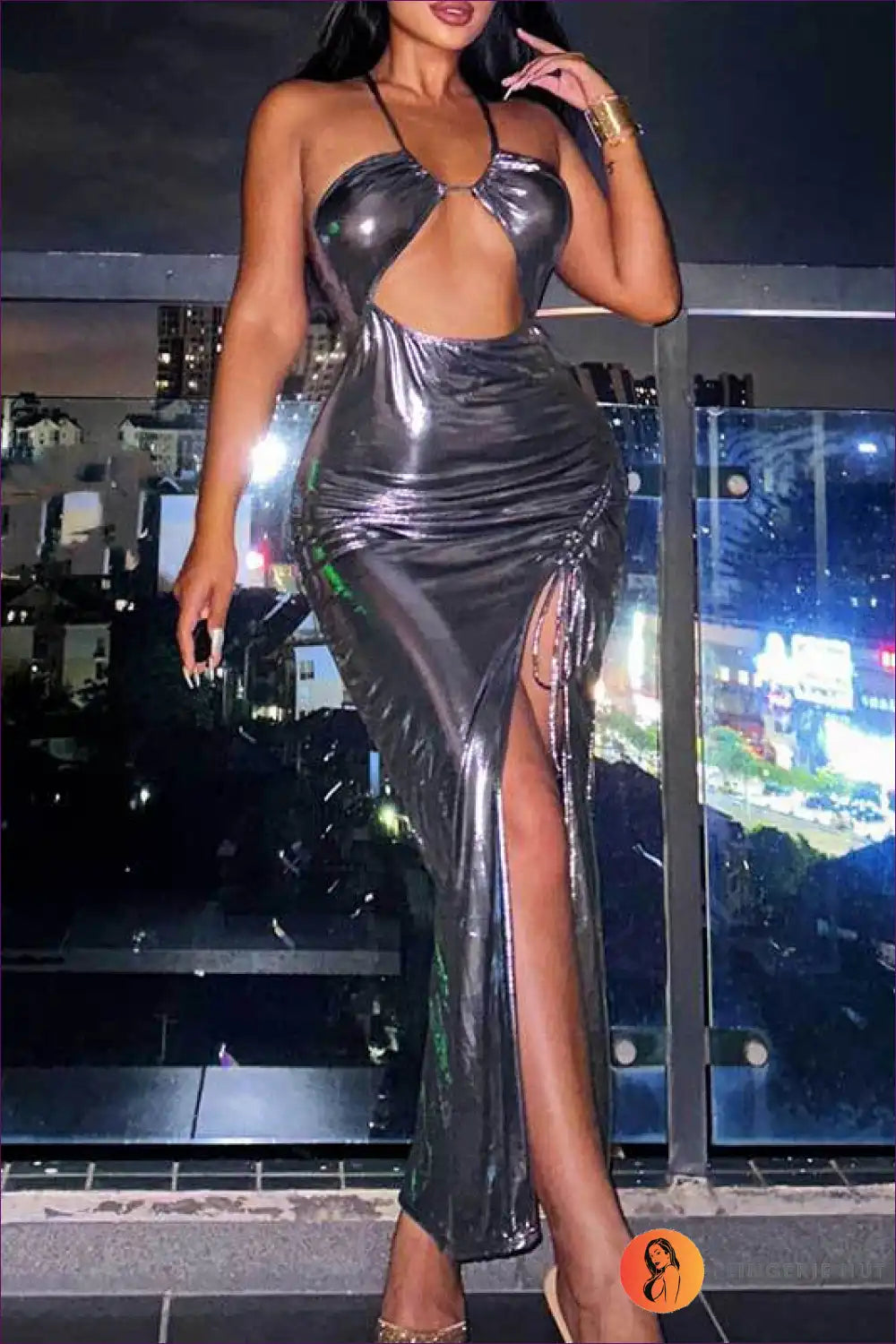 Step Into The Night With Glossy Glamour Halter Dress! Perfect For Those Who Love To Shine. Why Just Attend