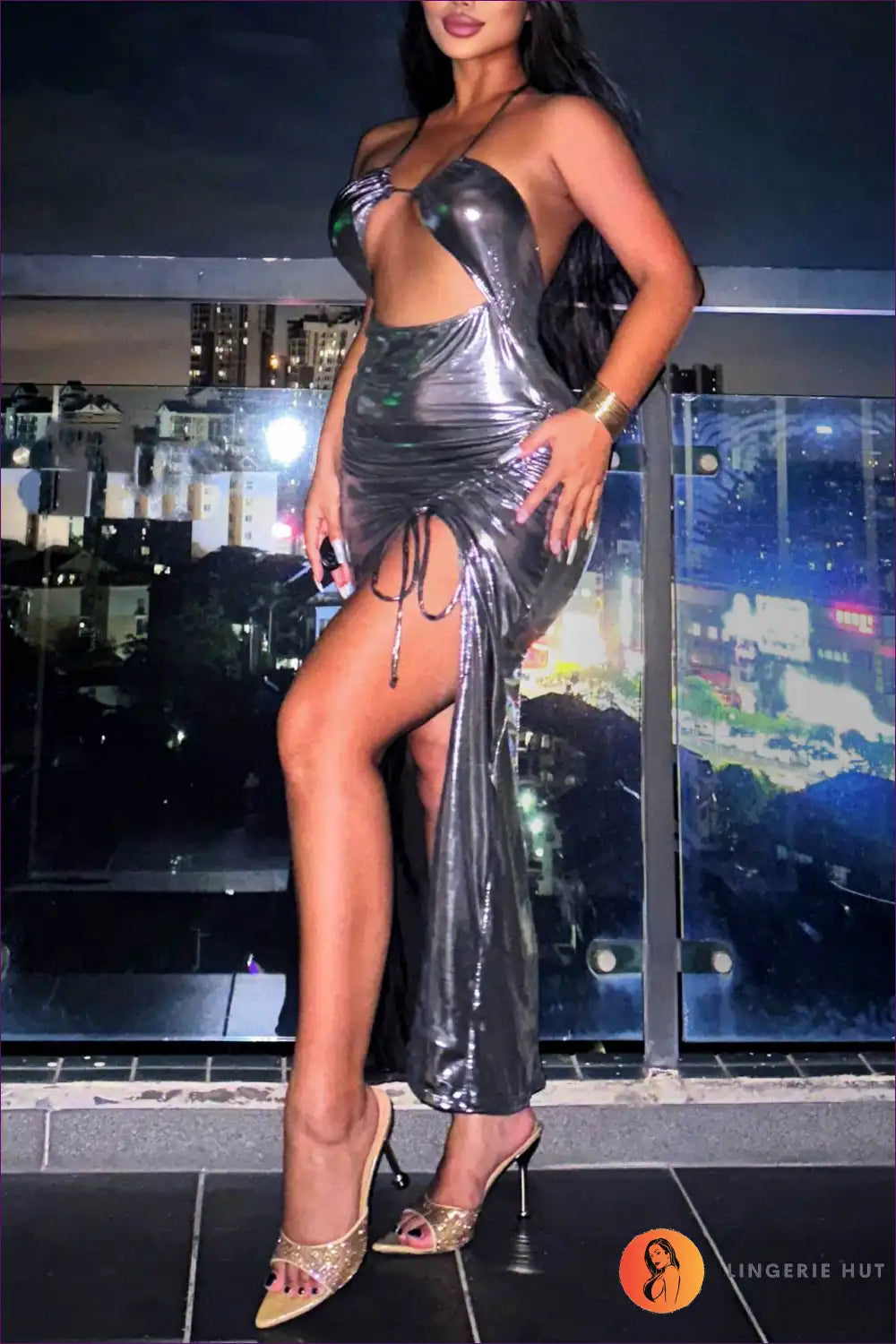 Step Into The Night With Glossy Glamour Halter Dress! Perfect For Those Who Love To Shine. Why Just Attend