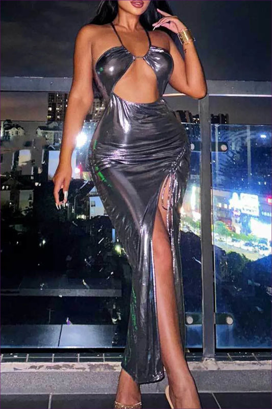 Step Into The Night With Glossy Glamour Halter Dress! Perfect For Those Who Love To Shine. Why Just Attend