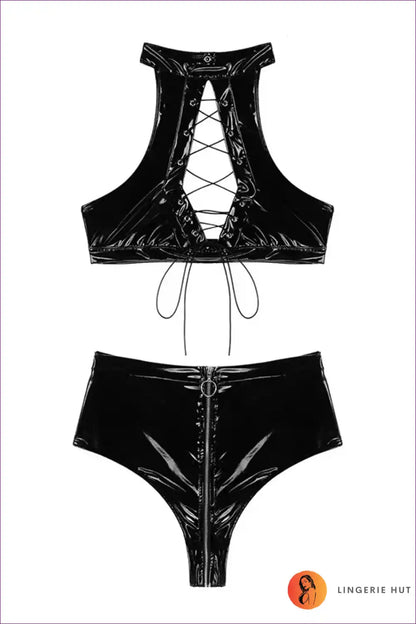 Glossy Lace-up Lingerie Set with High Waist - Modern Siren Energy for Boudoir, Bra Set, Clubwear, Date Night,