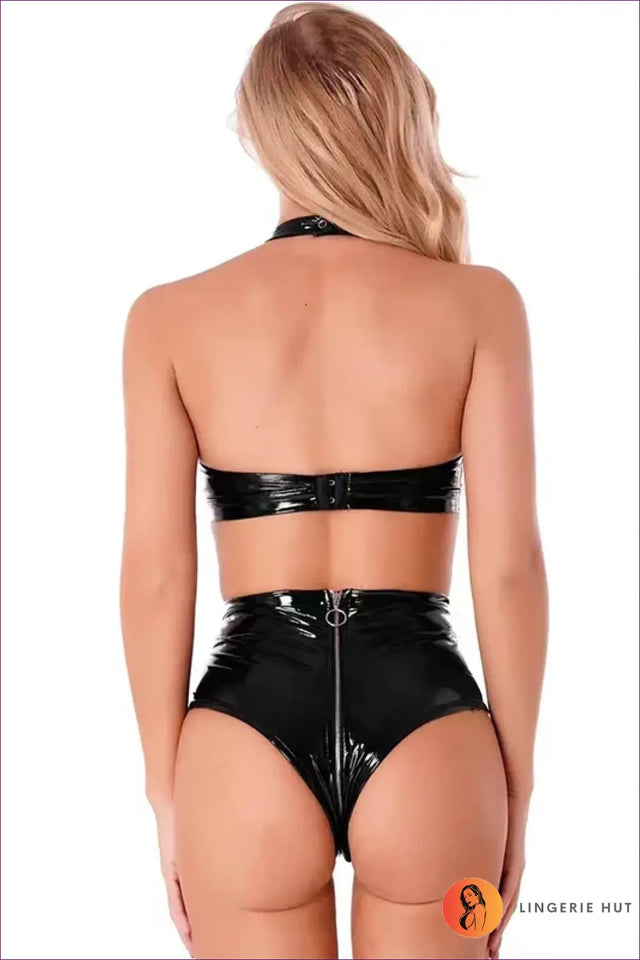 Glossy Lace-Up Lingerie Set with High Waist - Modern Siren Energy