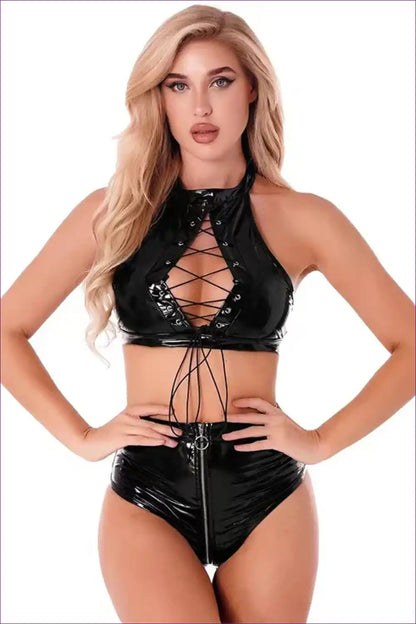 Glossy Lace-up Lingerie Set with High Waist - Modern Siren Energy for Boudoir, Bra Set, Clubwear, Date Night,