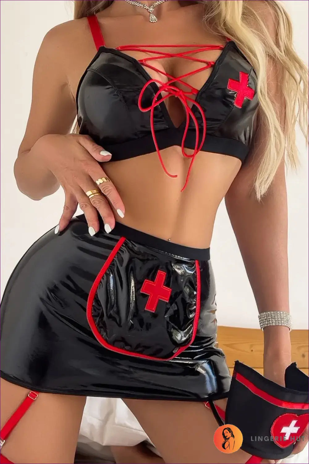 Glossy Nurse Costume with Lace-up Bra - Night Fantasy - Garter • Halloween • just in • Lingerie - Hut