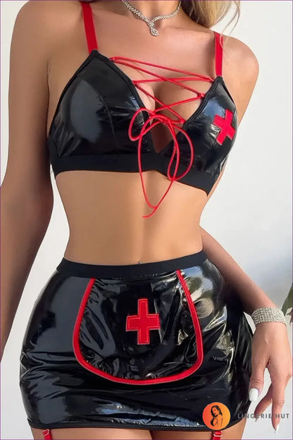 Glossy Nurse Costume with Lace-up Bra - Night Fantasy - Garter • Halloween • just in • Lingerie - Hut