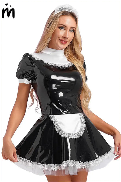 Glossy Patent Leather French Maid Dress with Lace Headband Set for Clubwear, Costume, just In, Lace, Latex