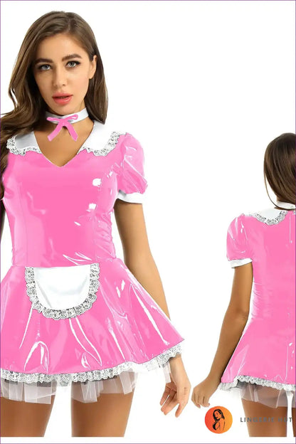 Glossy Patent Leather French Maid Dress with Lace Headband Set for Clubwear, Costume, just In, Lace, Latex