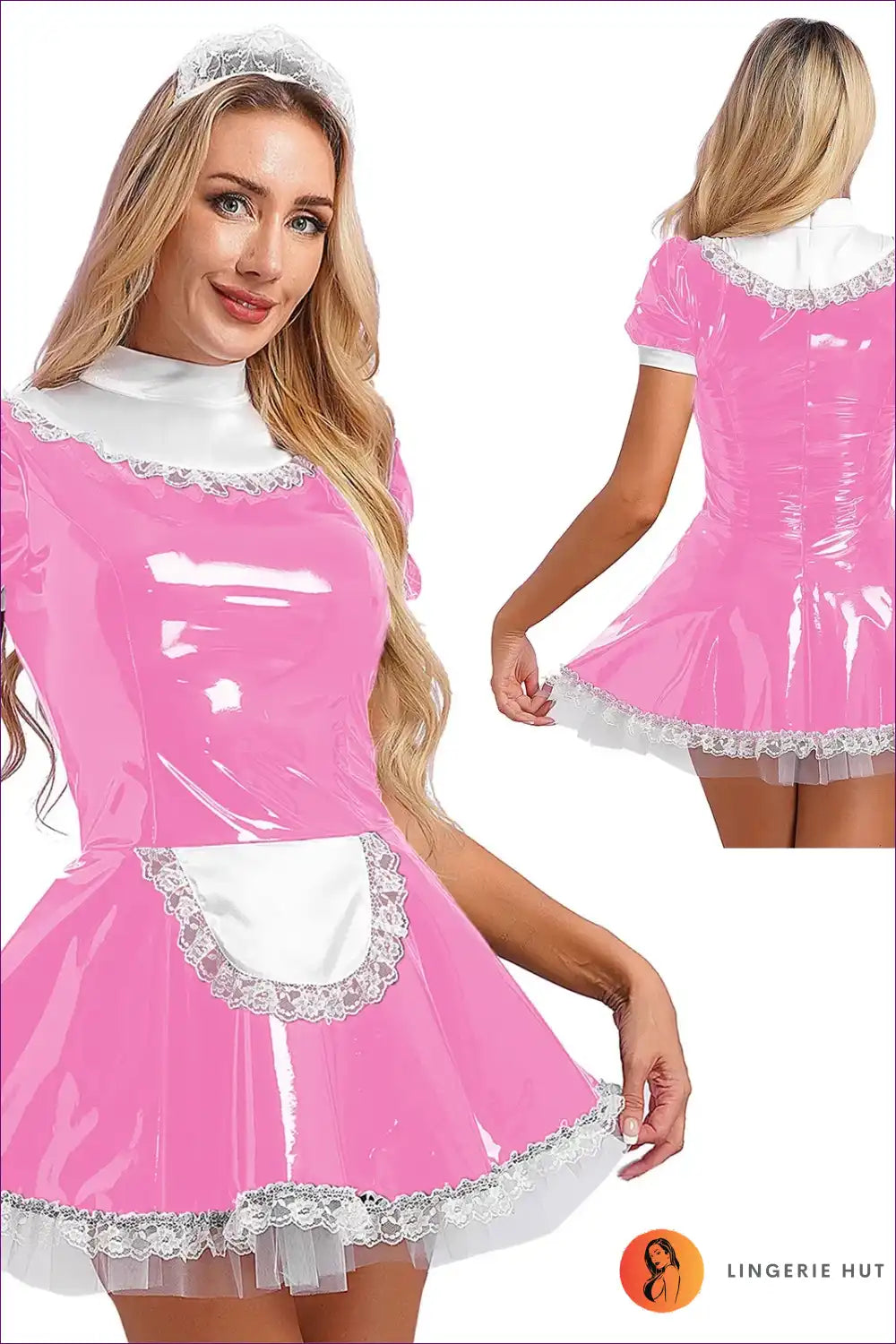 Glossy Patent Leather French Maid Dress with Lace Headband Set for Clubwear, Costume, just In, Lace, Latex