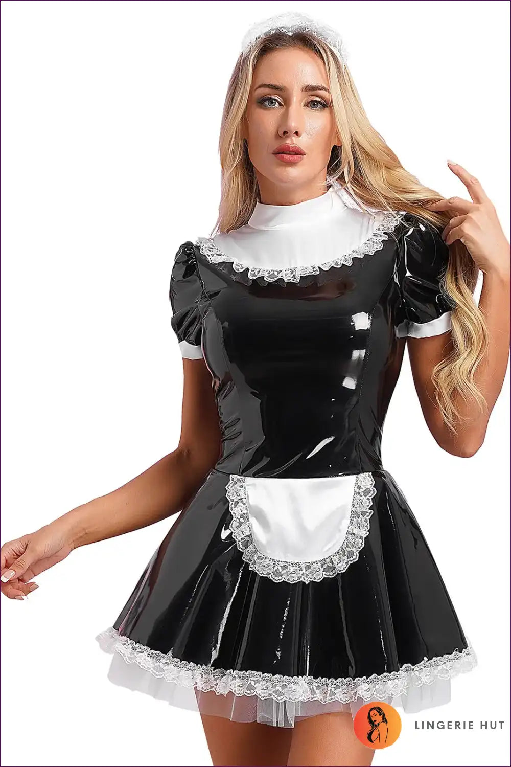 Glossy Patent Leather French Maid Dress with Lace Headband Set for Clubwear, Costume, just In, Lace, Latex