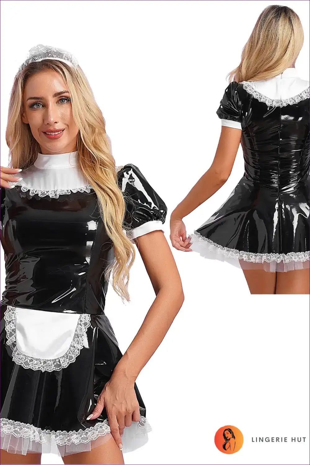 Glossy Patent Leather French Maid Dress with Lace Headband Set for Clubwear, Costume, just In, Lace, Latex
