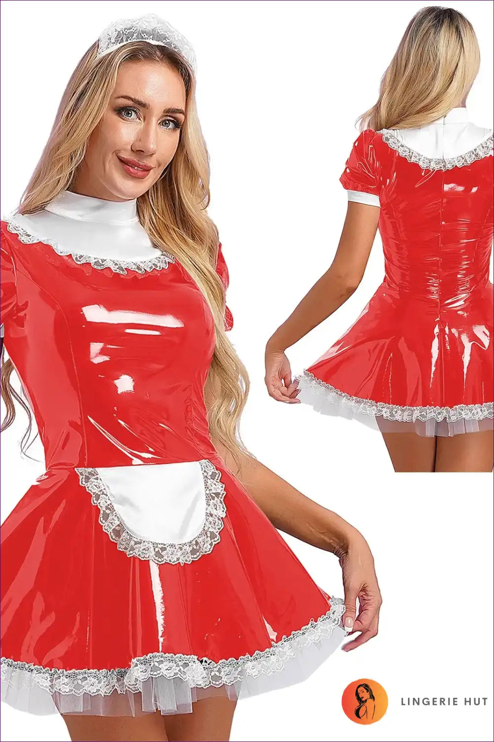 Glossy Patent Leather French Maid Dress with Lace Headband Set for Clubwear, Costume, just In, Lace, Latex