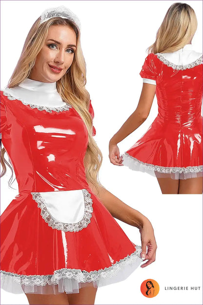 Glossy Patent Leather French Maid Dress with Lace Headband Set for Clubwear, Costume, just In, Lace, Latex