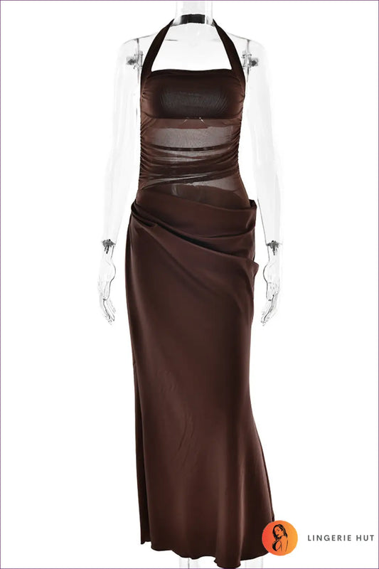 Glossy Satin Maxi Dress with Cut-out - Effortless Evenings Await - s / Coffee - Dresses - Lingerie Hut - Backless