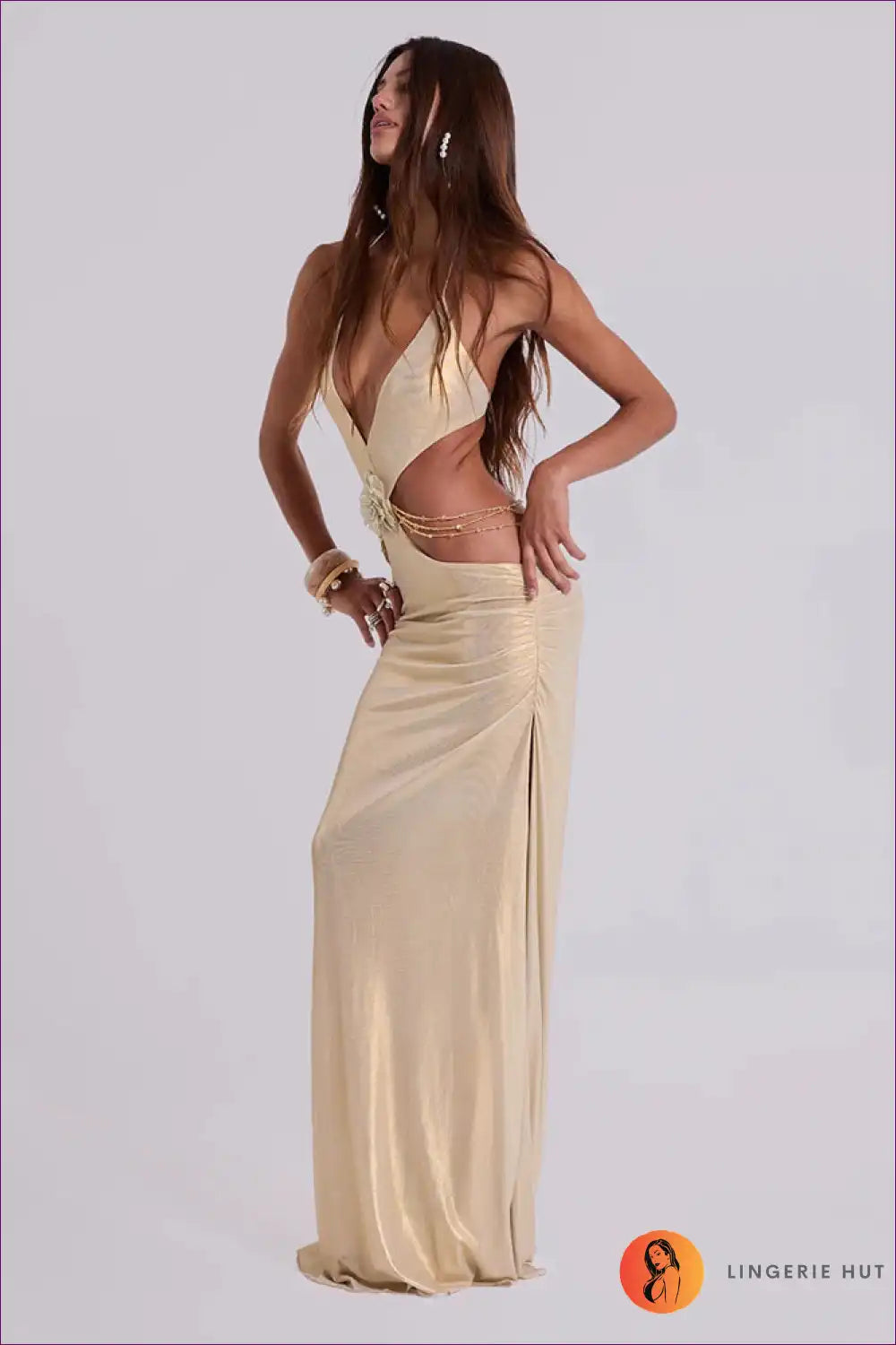 Gold Metallic Cut-out Halter Maxi Dress with 3d Floral Detail for Bodycon, Cutout, Dress, Dresses, Evening