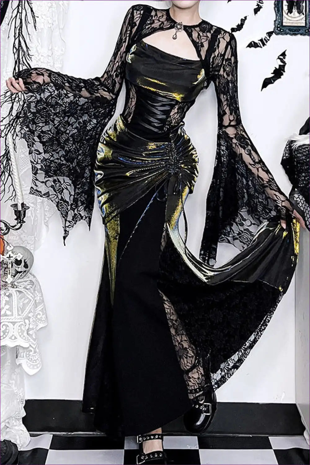 Gothic Lace Bodycon Costume with Dramatic Sleeves for Bodycon, Costume, Cutout, Evening Wear, Glamour