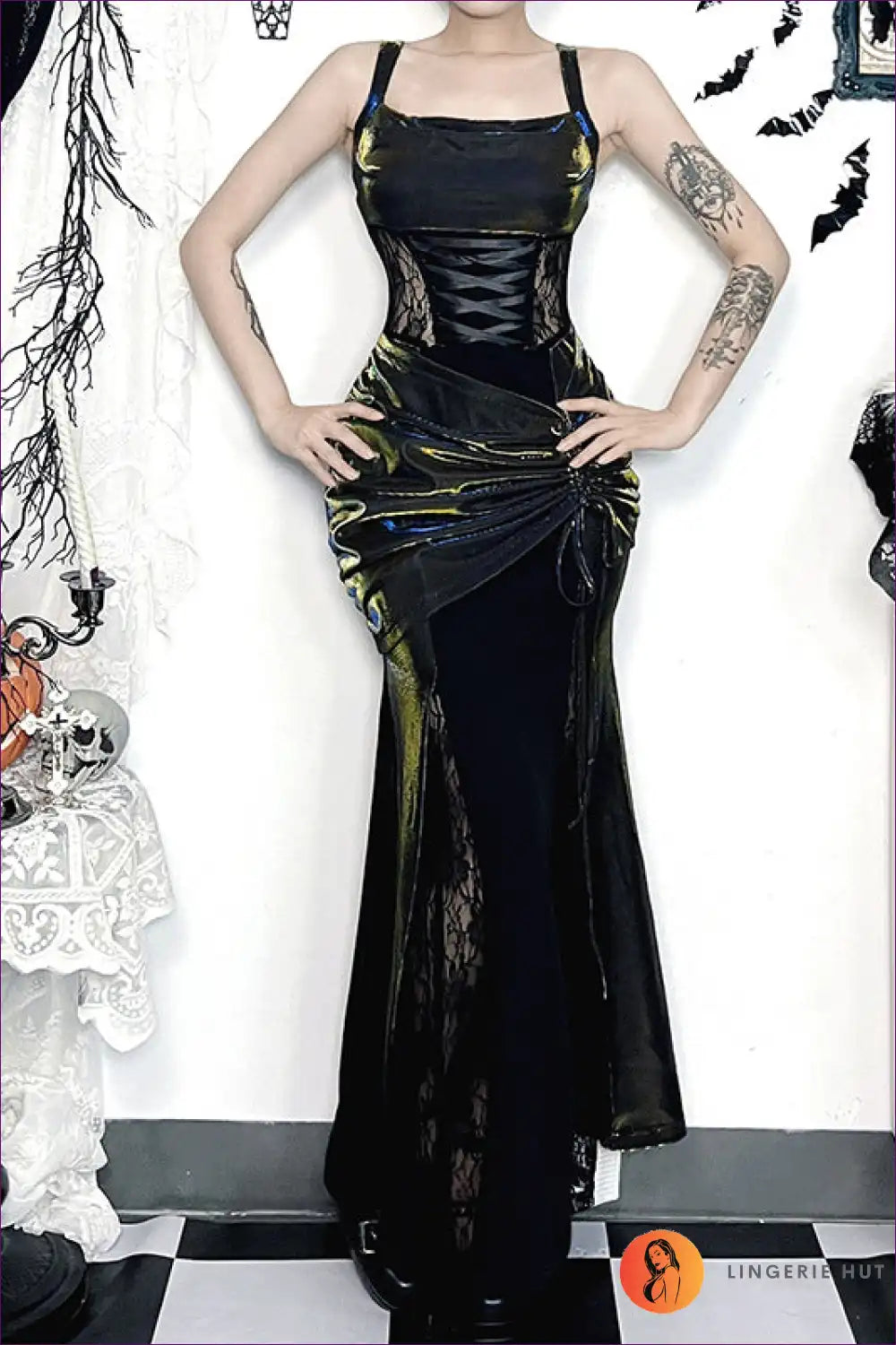 Gothic Lace Bodycon Costume with Dramatic Sleeves for Bodycon, Costume, Cutout, Evening Wear, Glamour