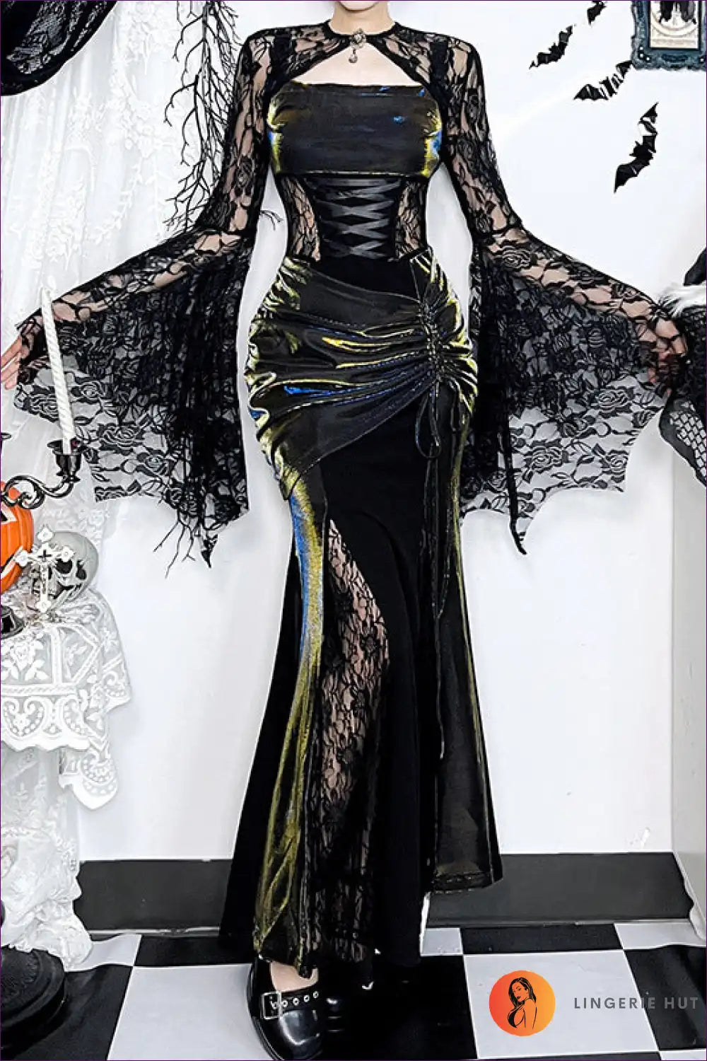 Gothic Lace Bodycon Costume with Dramatic Sleeves for Bodycon, Costume, Cutout, Evening Wear, Glamour