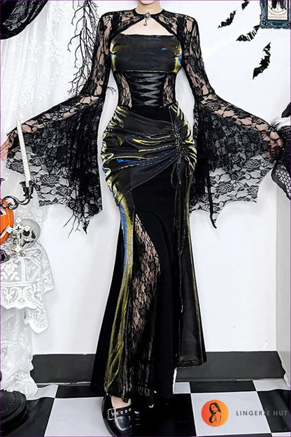 Gothic Lace Bodycon Costume with Dramatic Sleeves for Bodycon, Costume, Cutout, Evening Wear, Glamour