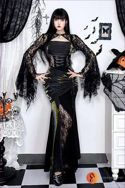Gothic Lace Bodycon Costume with Dramatic Sleeves for Bodycon, Costume, Cutout, Evening Wear, Glamour