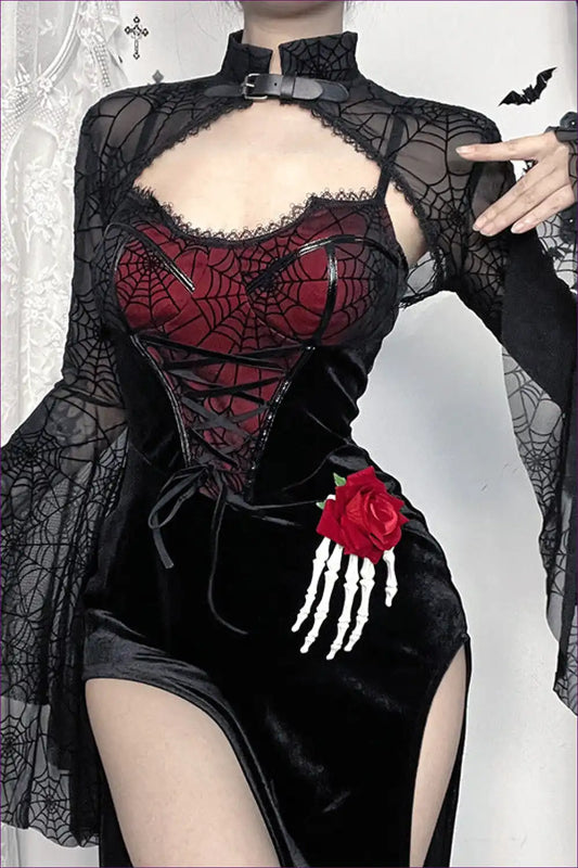 Gothic Spider Web Costume Set with Lace-up Corset - Halloween Glam