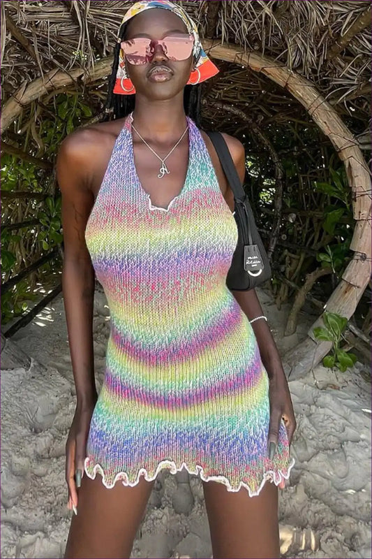 Gradient Knit Halter Mini Dress with Lettuce Hem - Summer Vibes for Beachwear, Bodycon, Casual, Everyday,
