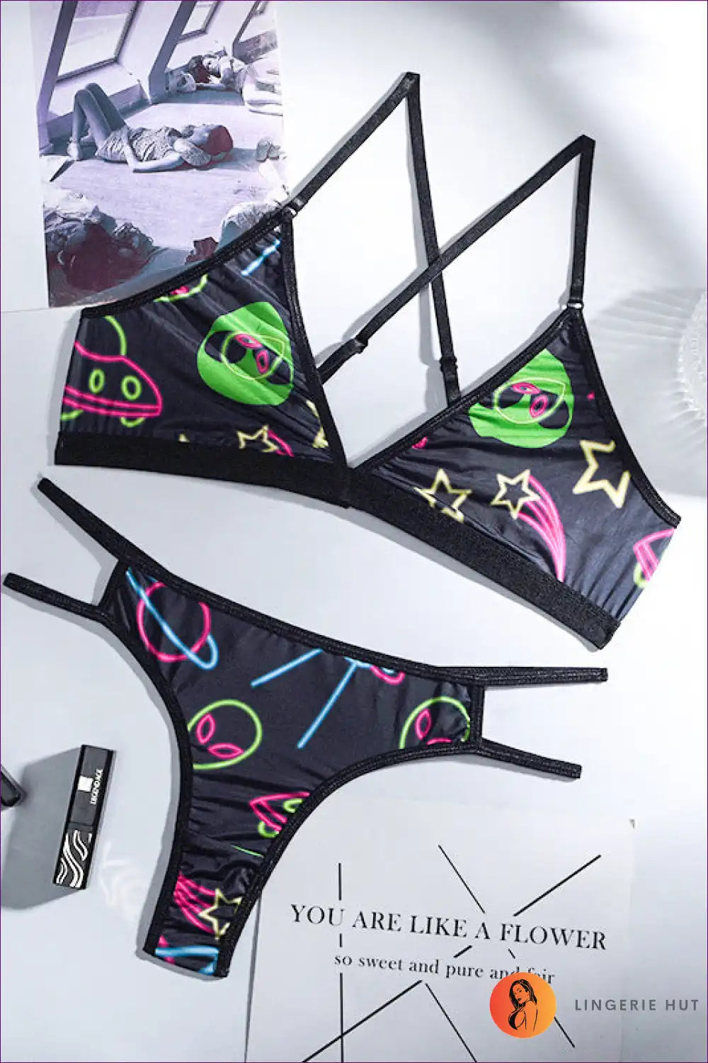 Discover The Daring Allure Of Our Graffiti Print Mesh Lingerie Set! Layer It Under a Sheer Black Dress For