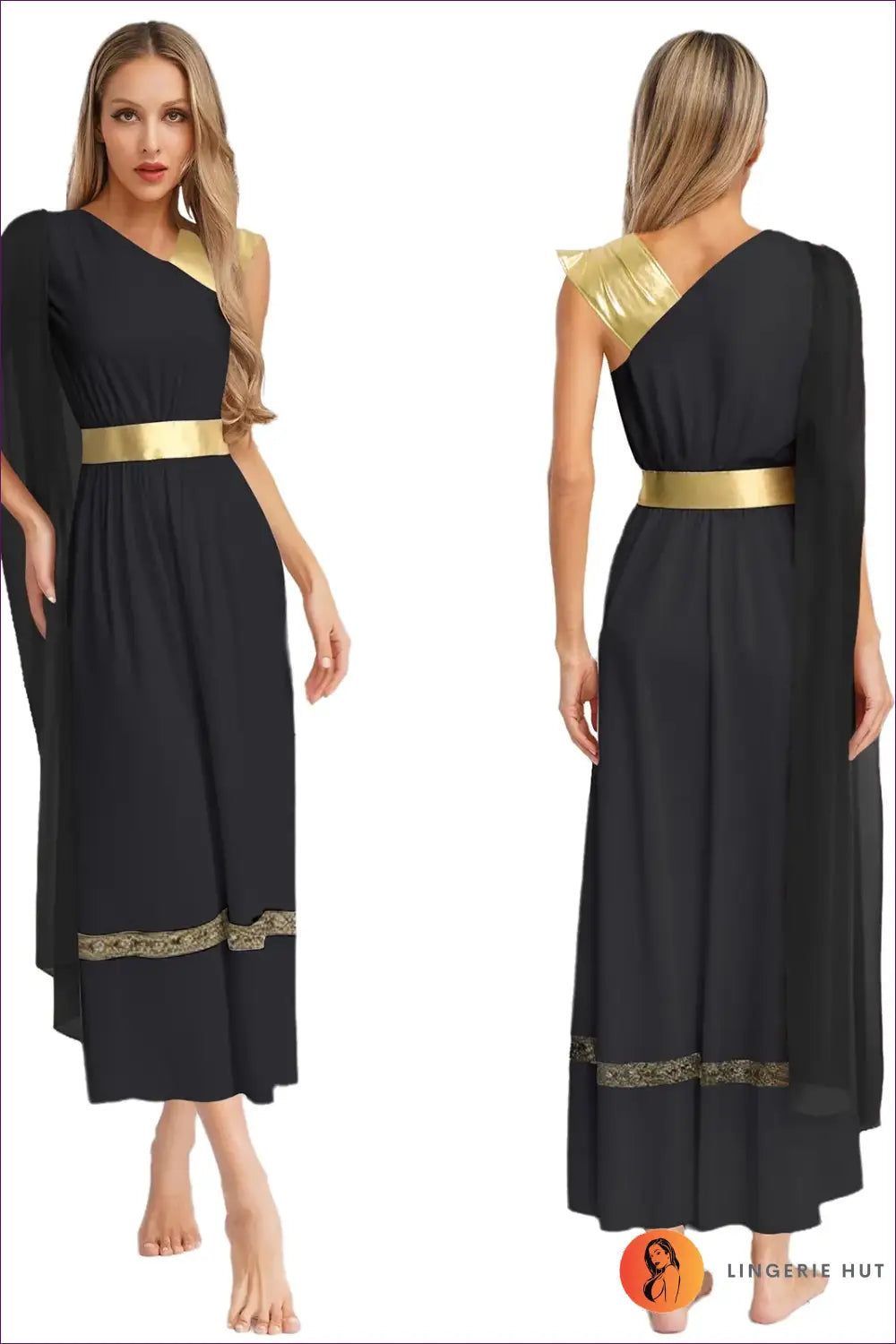 Greek Goddess Costume with Draped Shoulder Trim - Mythical Elegance - Black / s - Halloween • just in • Party • Role
