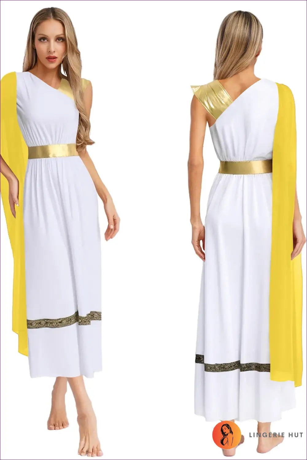 Greek Goddess Costume with Draped Shoulder Trim - Mythical Elegance - Yellow / s - Halloween • just in • Party • Role