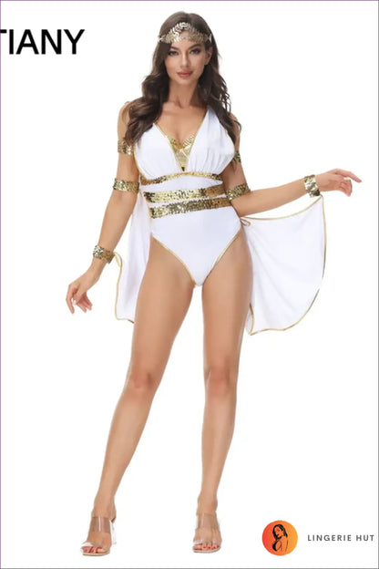 Greek Goddess Costume with Metallic Waist Trim - Grecian Glamour - Halloween • just in • Party • Polyester - Lingerie
