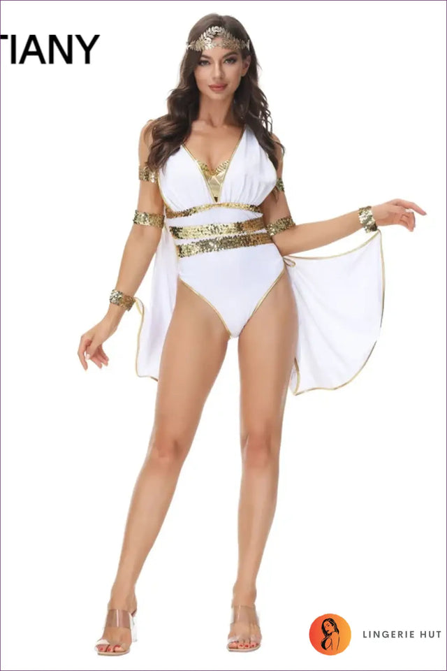 Greek Goddess Costume with Metallic Waist Trim - Grecian Glamour