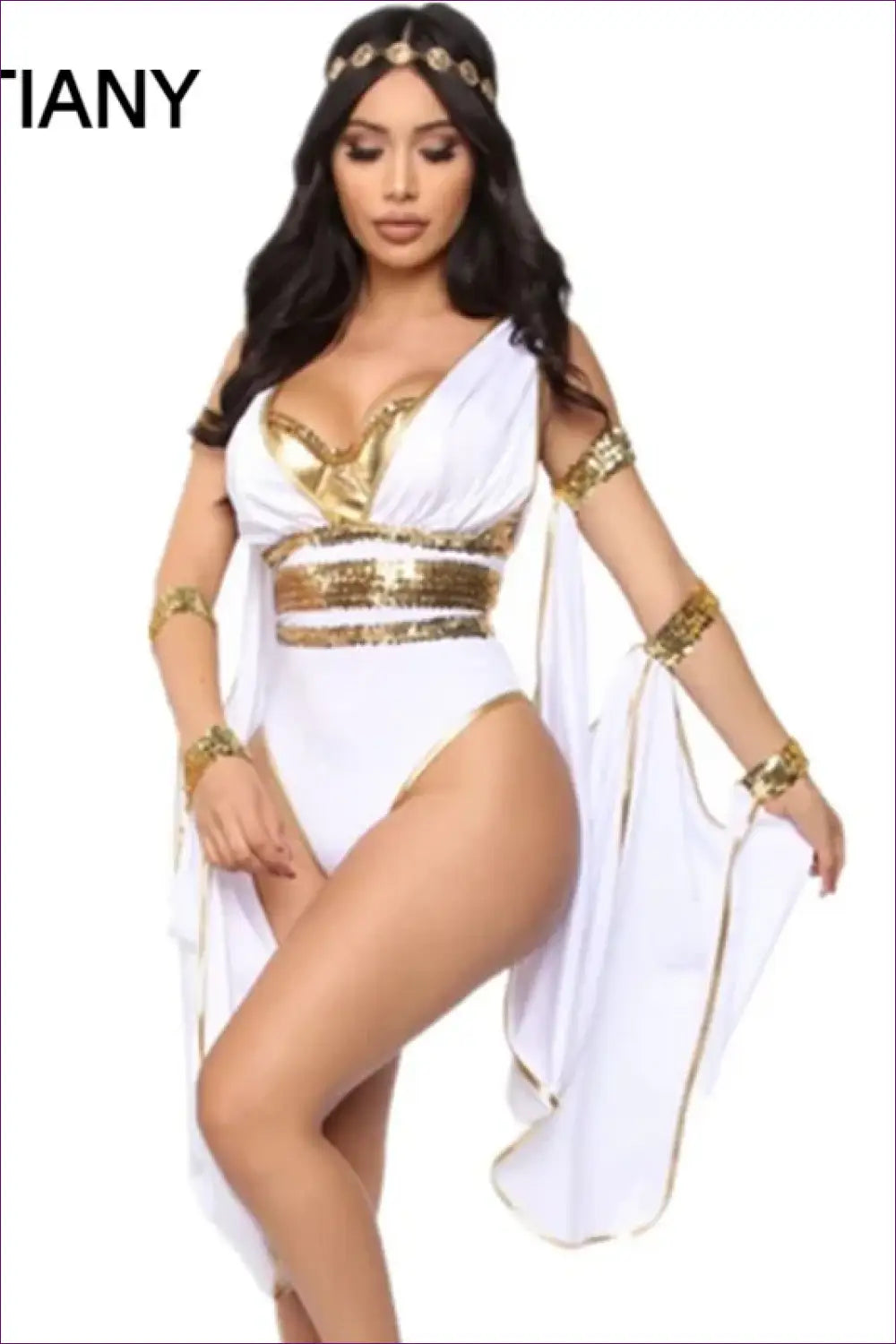 Greek Goddess Costume with Metallic Waist Trim - Grecian Glamour - Halloween • just in • Party • Polyester - Lingerie