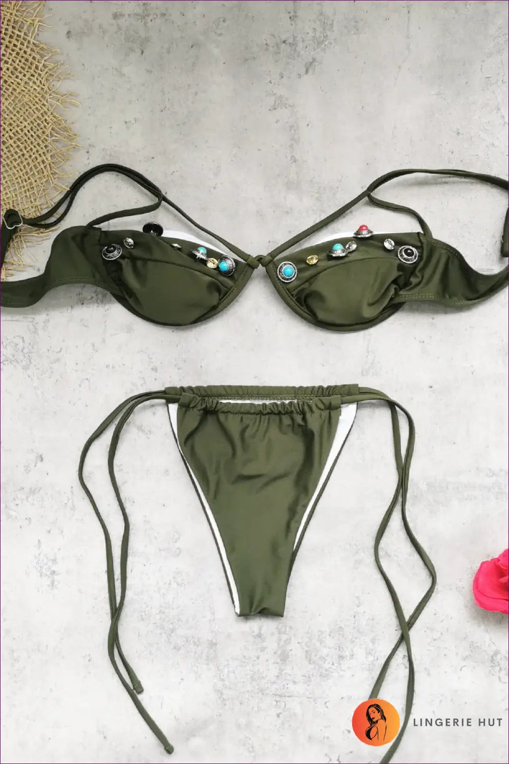 Green Embellished Caged Bikini with Studded Cups - Garden Terrace Ease - s / Beachwear • Boho • Bikinis